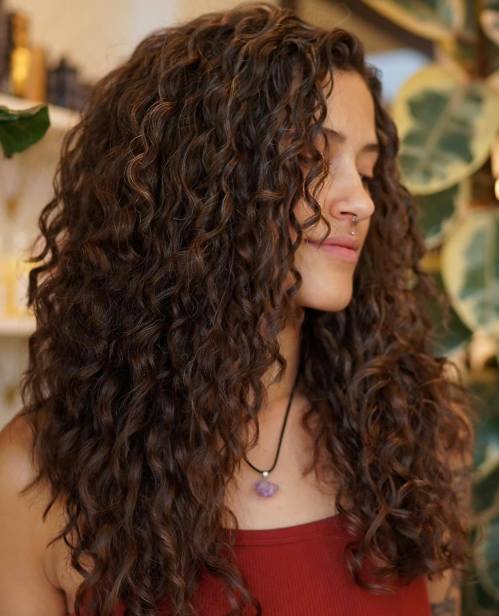 Thick Stretched Caramel Brown Curls with Layers