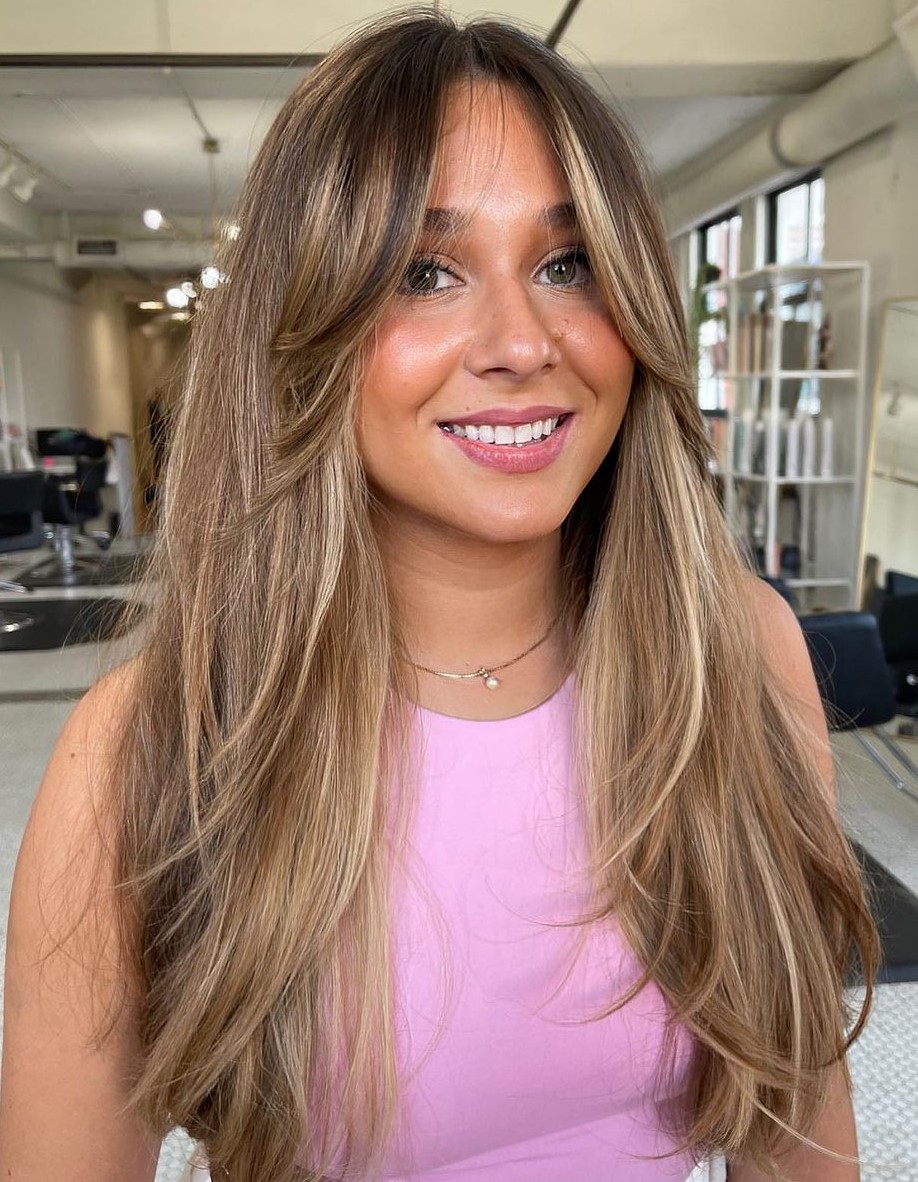 Sun-Kissed Balayage and Soft Curtain Bangs Straight Hair with Blonde Balayage Soft Layers and Bangs