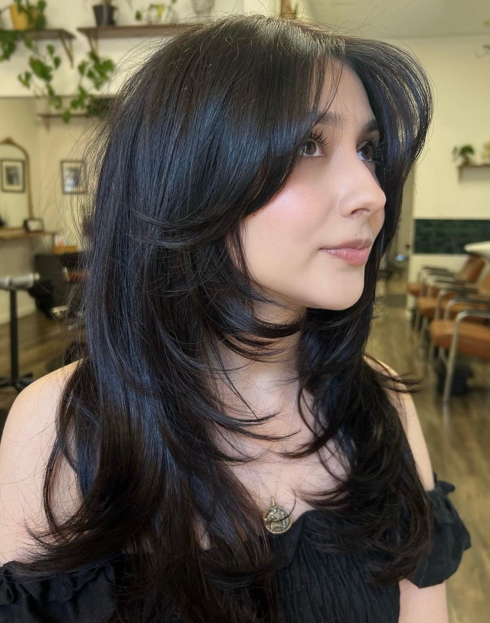Medium Hair with Wispy Layers Face Framing Layers and Curtain Bangs on Straight Hair
