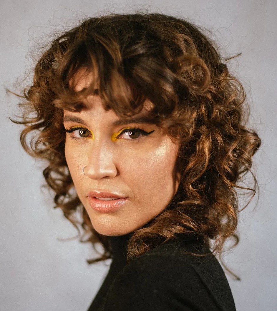Wolf Cut with Curly Bangs Short Wolf Cut for Chocolate Brown Curly Hair