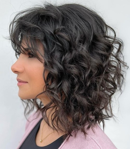 Tousled Waves with Bangs Wavy Lob with Bangs
