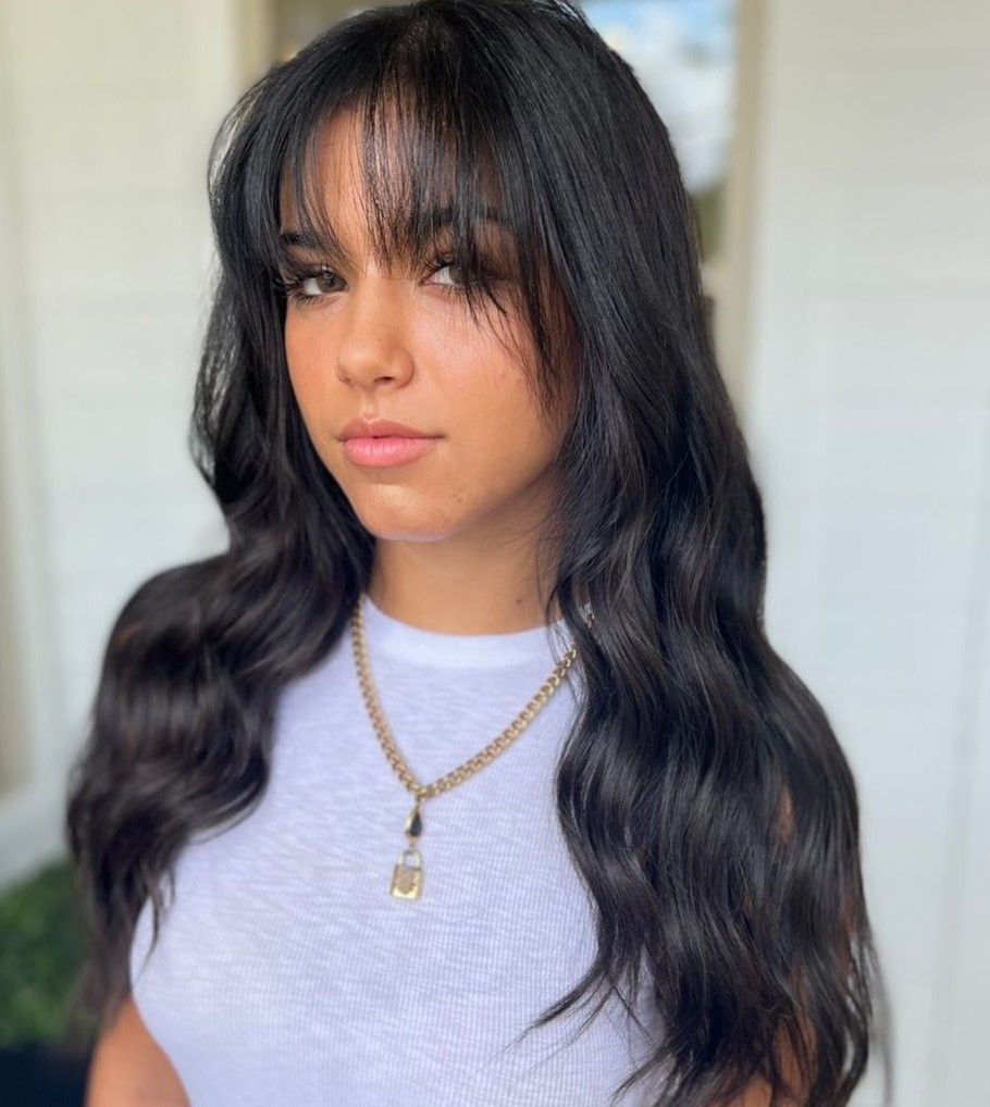 Layered Bangs Black Cascading Locks with Layered Fringe