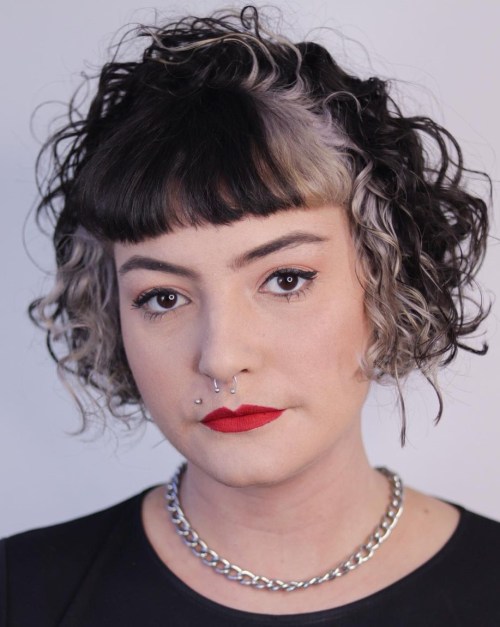 Black and Gray Curls with Cropped Bangs Super Short Curly Bob with Micro Bangs