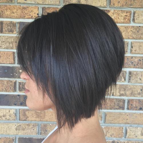 brunette angled stacked bob for straight hair