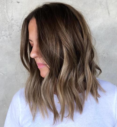 Brunette Lob with Light Brown Highlights