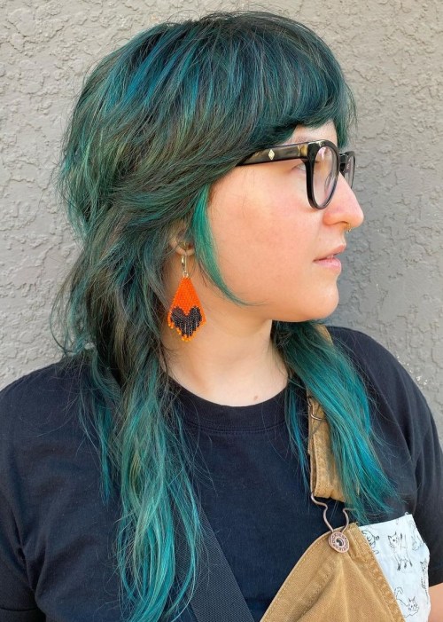 Deep Teal Shullet Haircut Green and Black Wolf Cut Hairstyle