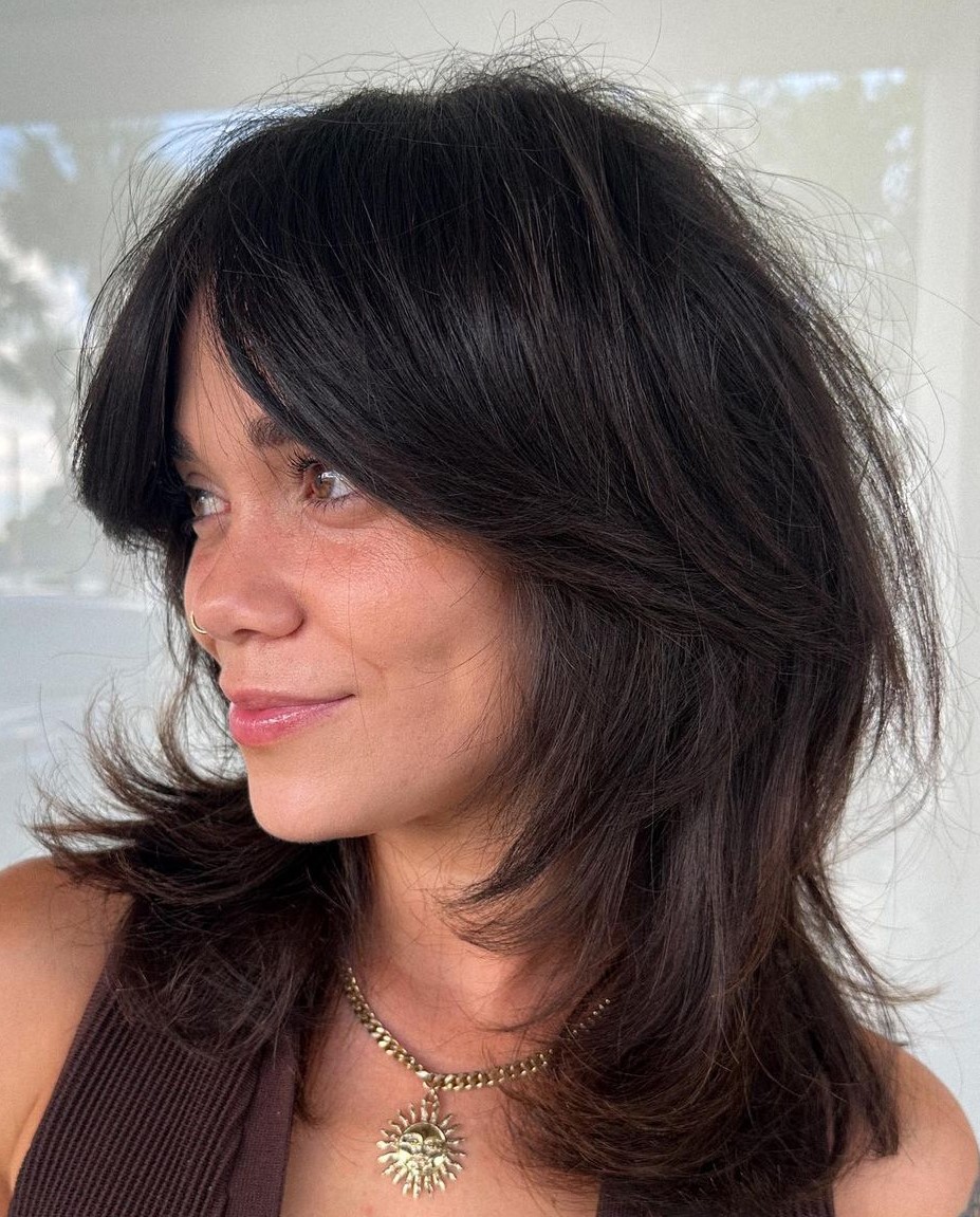 Shoulder-Length Hair with Curtain Bangs and Layers Modern Rachel Cut with Wispy Layers and Curtain Fringe