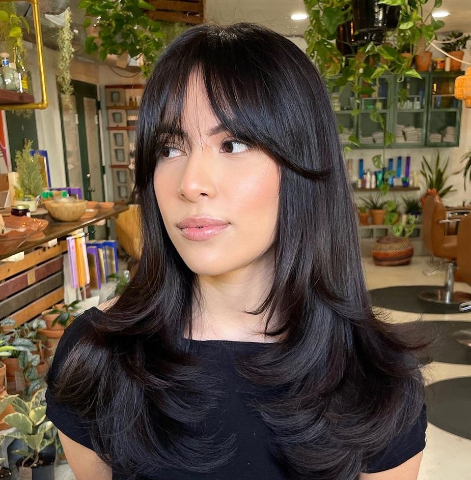 Long Feathered Curtain Bangs Elongated Face Framing Wispy Bangs