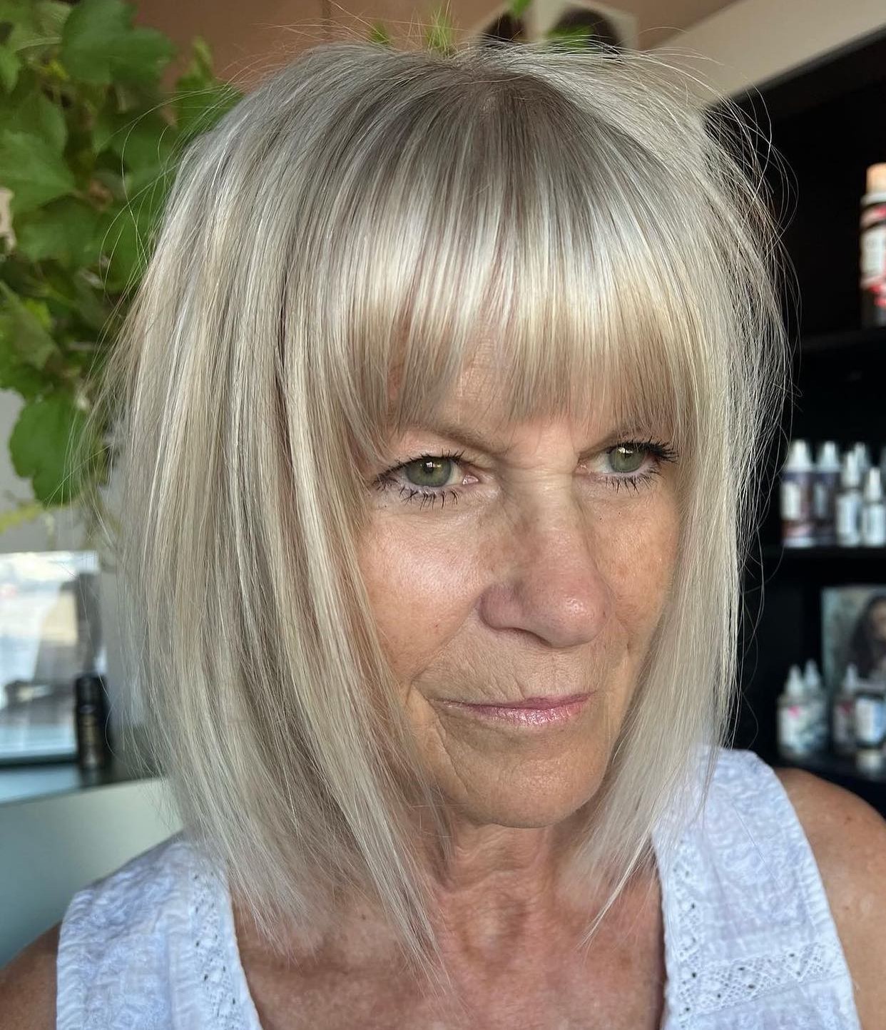 Silver Blunt Lob with Straight Across Bangs