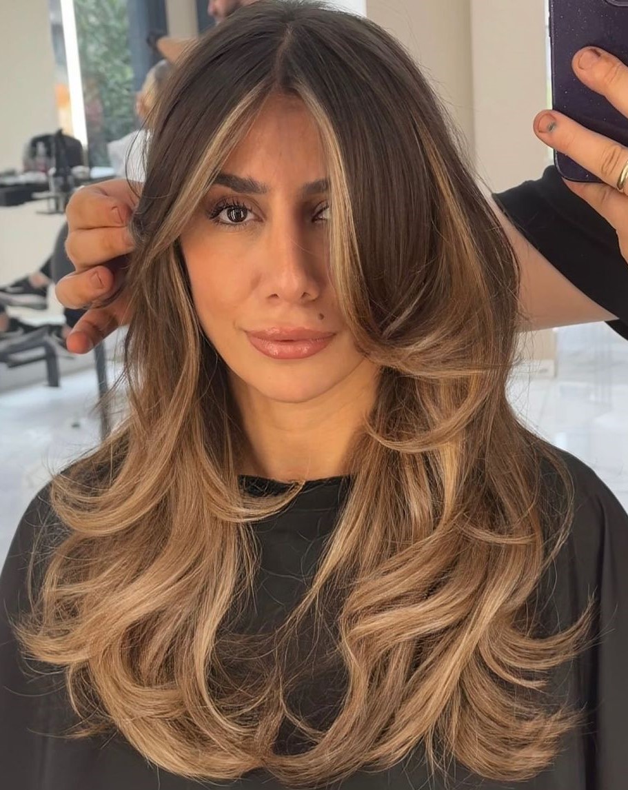 Layers and Curtain Bangs with Blonde Highlights Long Hairstyle with Layers and Bangs for Thin Straight Hair