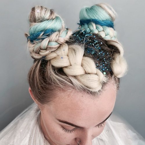 Blue Glitter in the Parting Between Two Braids and Space Buns