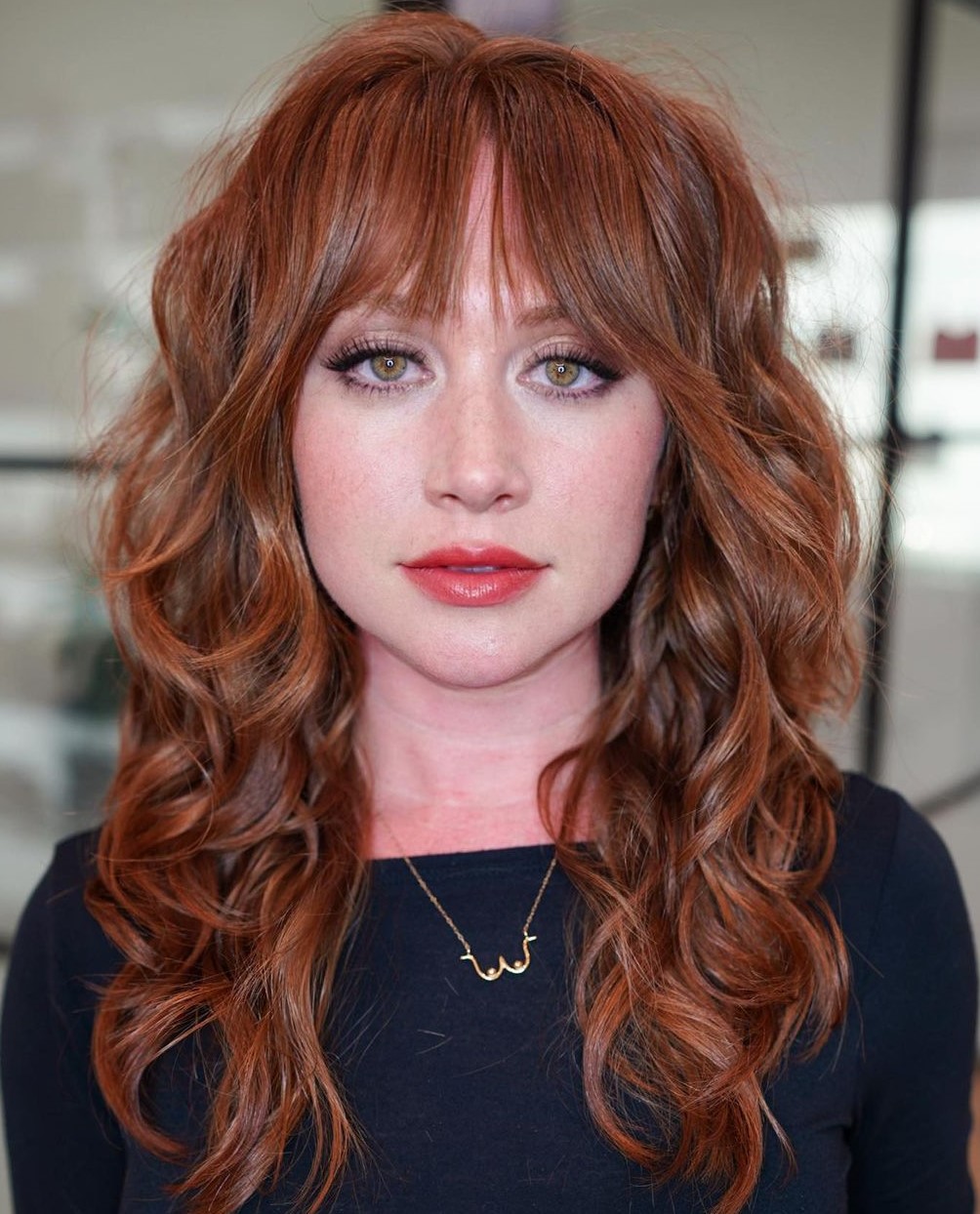 Fiery Red Curls Long Wolf Cut for Wavy Hair with Straight Bangs