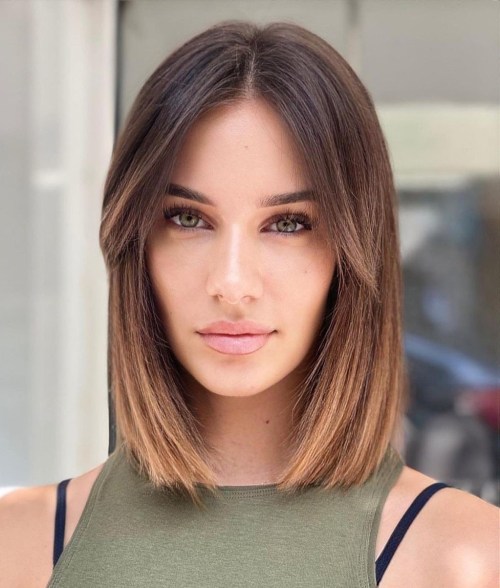 Lob with Long Curtain Bangs Straight Bob with Cheekbone Length Curtain Bangs