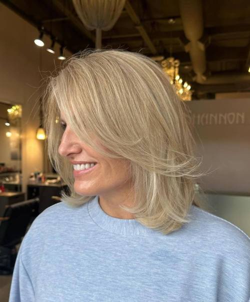 Creamy Beige Blonde Lob with Feathered Bangs