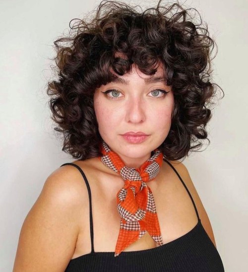 Layered Round Cut Face Framing Rounded Bob for Curly Hair