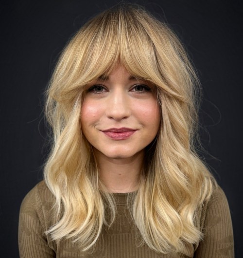 Polished Blonde Shag with Bottleneck Bangs