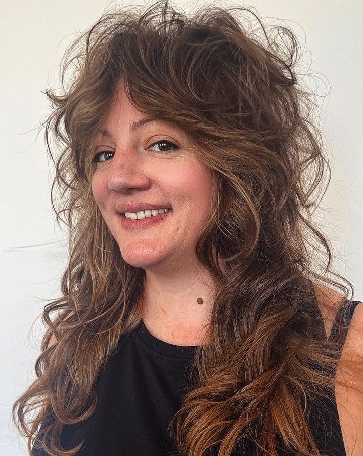 Voluminous Wolf Cut for Long Hair Long Shag with Curtain Bangs for Over 40