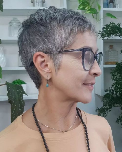 Gray Choppy Pixie with Glasses