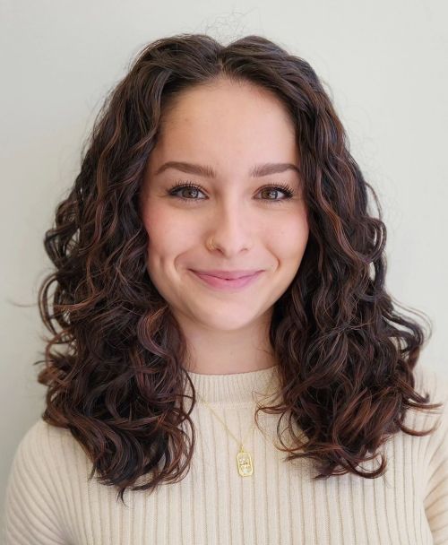 Center Parted Shoulder Length Wavy Curls