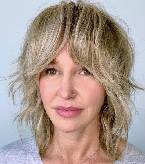 Shoulder Length Hair with Curtain Bangs Wolf Cut on Medium Length Mature Hair