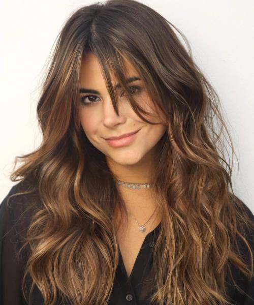 Long Tousled Wavy Hairstyle with Long Bangs
