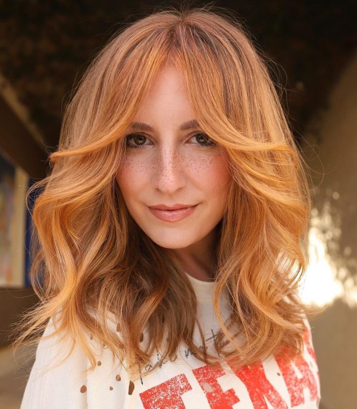 Layered Curtain Bangs Cute Red Hairstyle with Long Layered Curtain Bangs