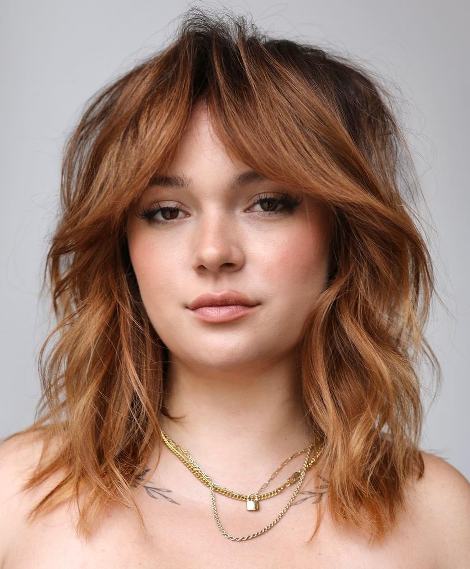 Auburn Short Layered Cut Shoulder Length Layered Bob with Curtain Bangs