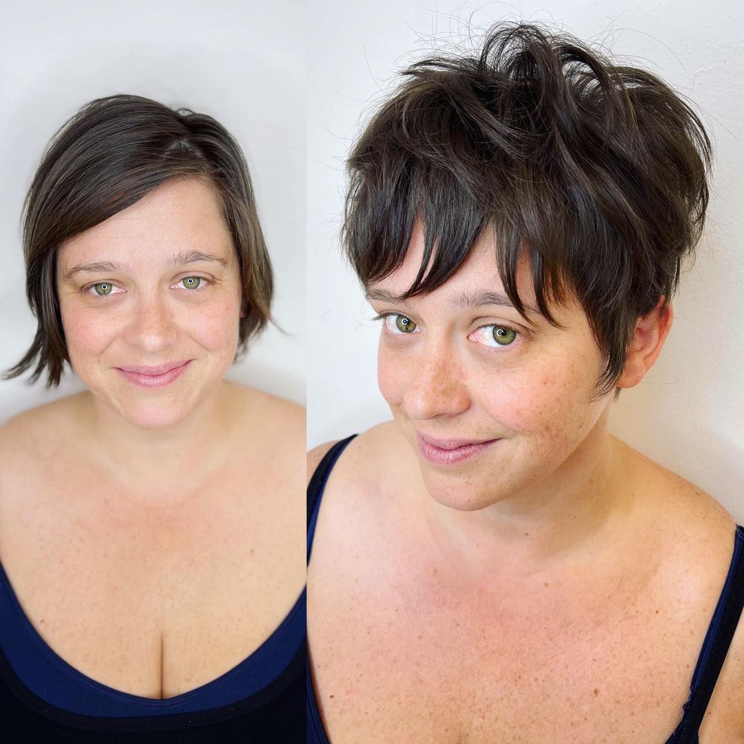 Tousled Long Pixie with Bangs Textured Pixie for Round Face Styled with Much Root Volume